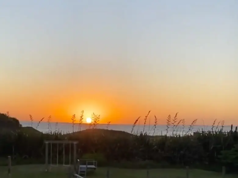 El sol se pone sobre el mar, visto desde el jardín, entre pastos altos