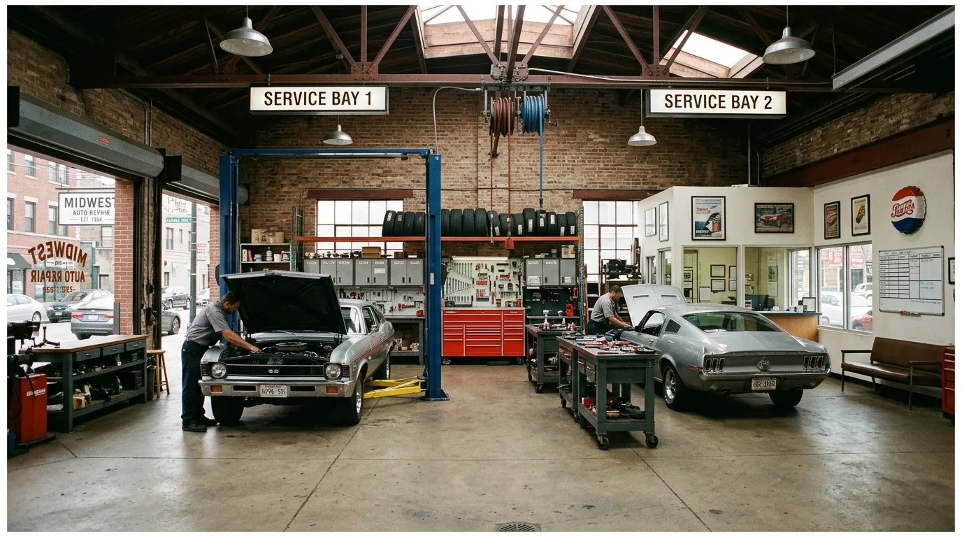 Joe's Garage interior — mechanics at work
